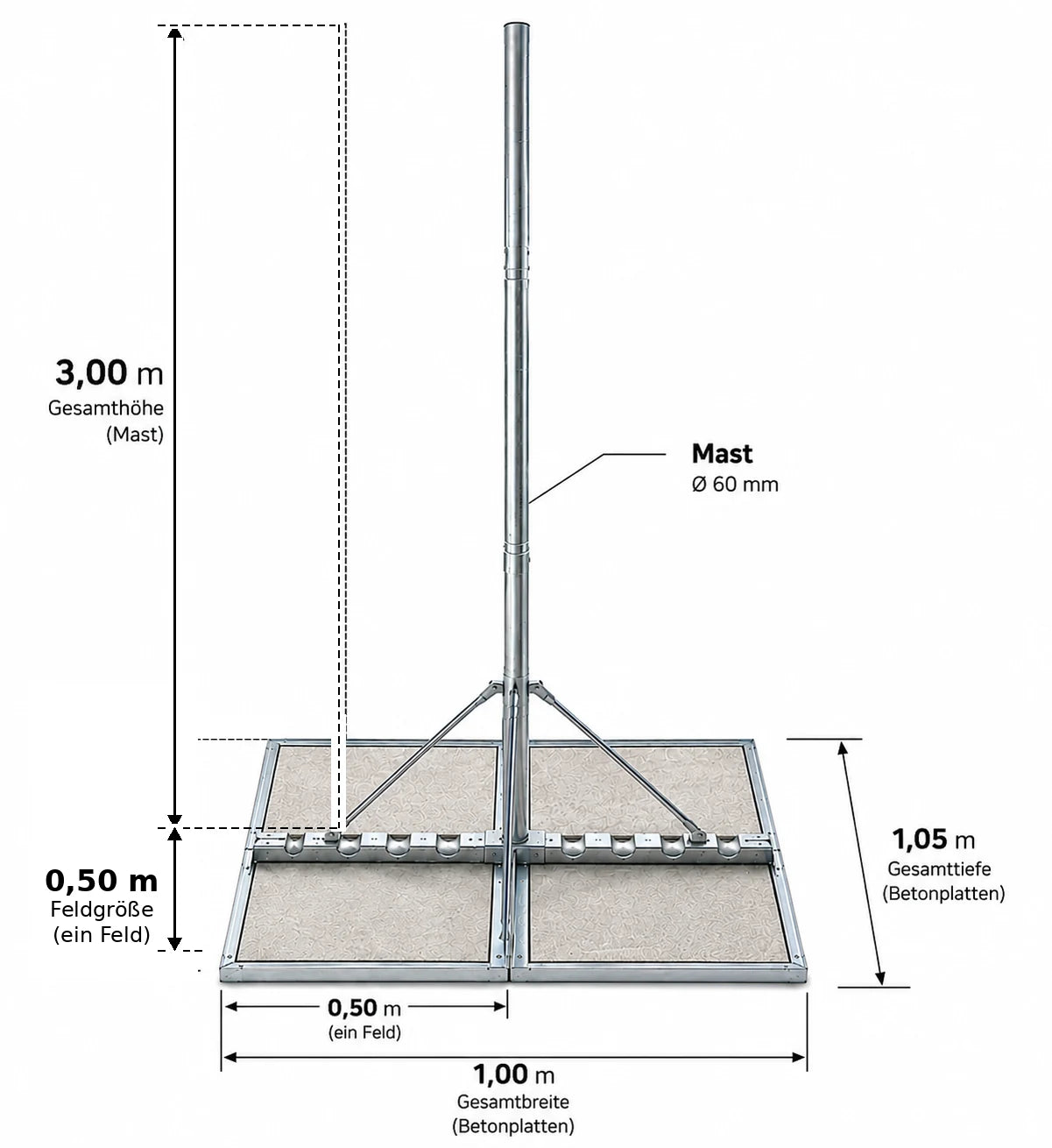 ASSAT Terrace Mount Mast Ø60x3m – Satellite Antenna & Wind Power, hot-dip galvanized
